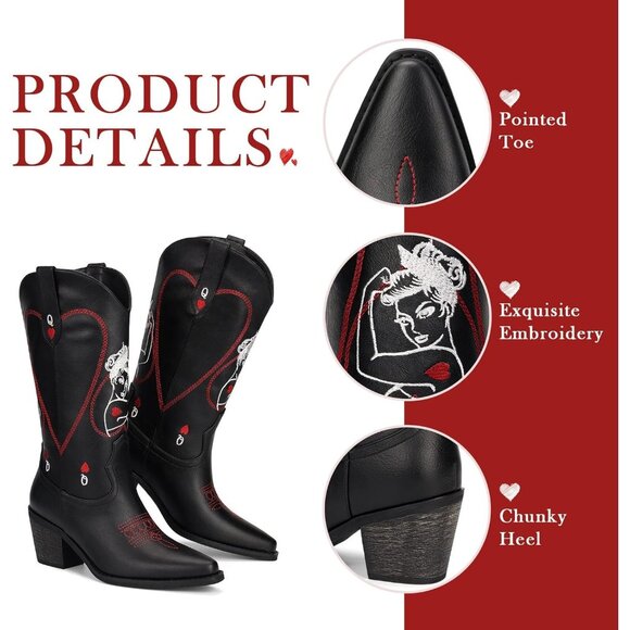 🆕Women Black Faux Leather Mid Calf Cowboy with Queen of Hearts Embroidery Boots - Picture 5 of 7